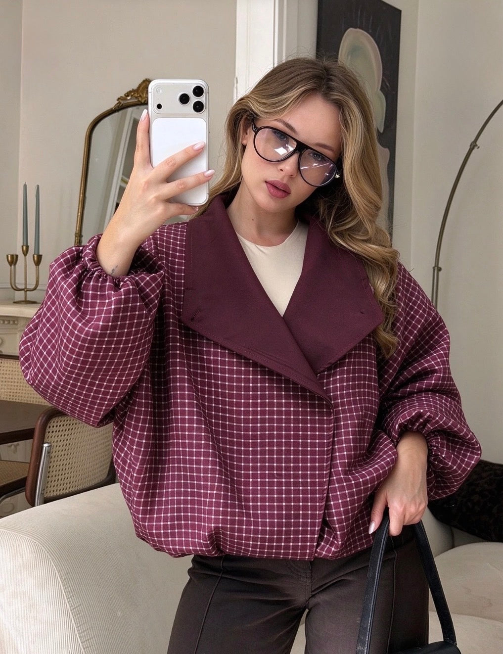 Burgundy Checked Adjustable Collar Jacket