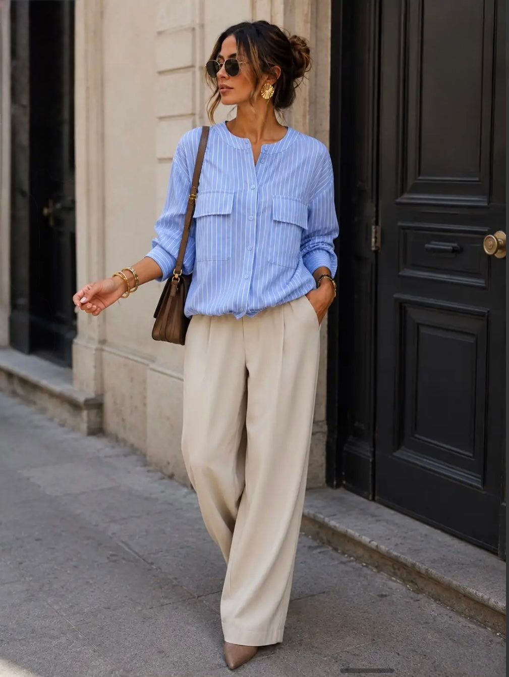 Light Blue  Striped Shirt With Drawstring