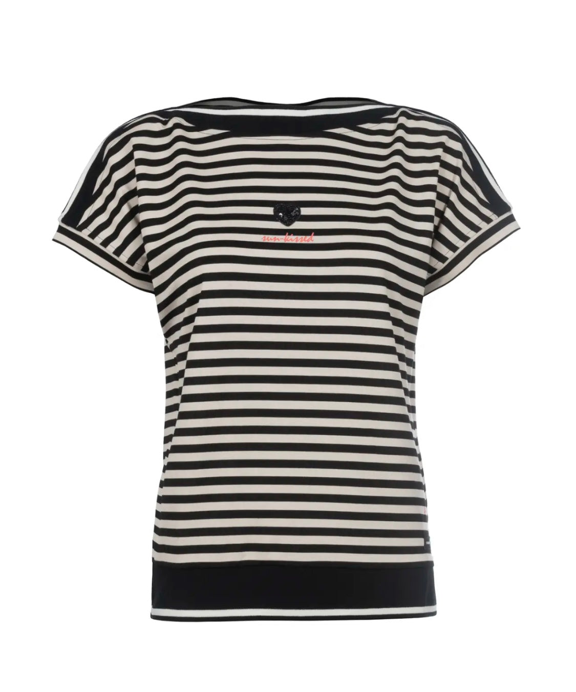 S’questo - Black/Beige Stripe Boat Neck Top
