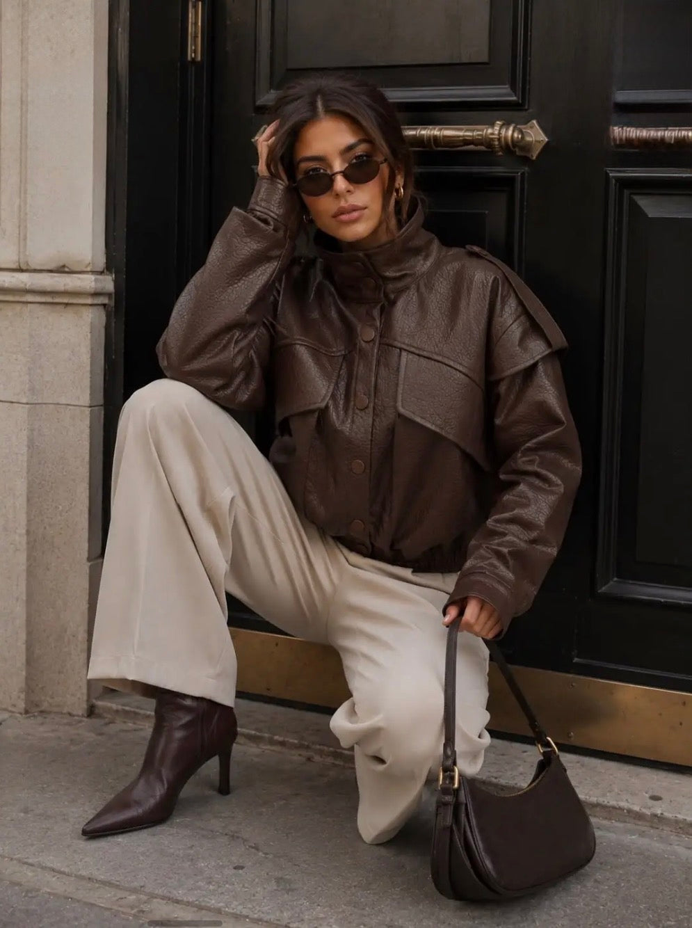 Brown Short Faux Leather Jacket.