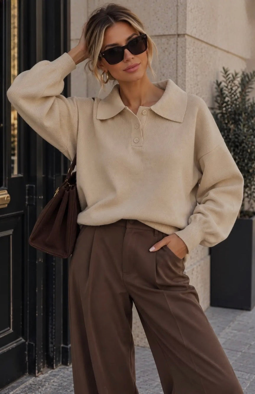 Taupe Oversized Soft Knit Polo