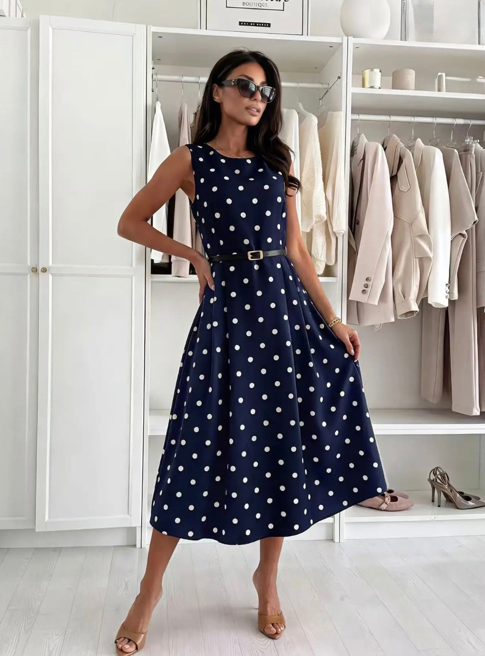Navy Polka Dot Belted Skater Dress