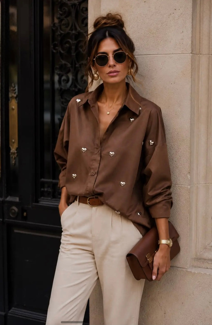 Brown Metallic Heart Detail Shirt