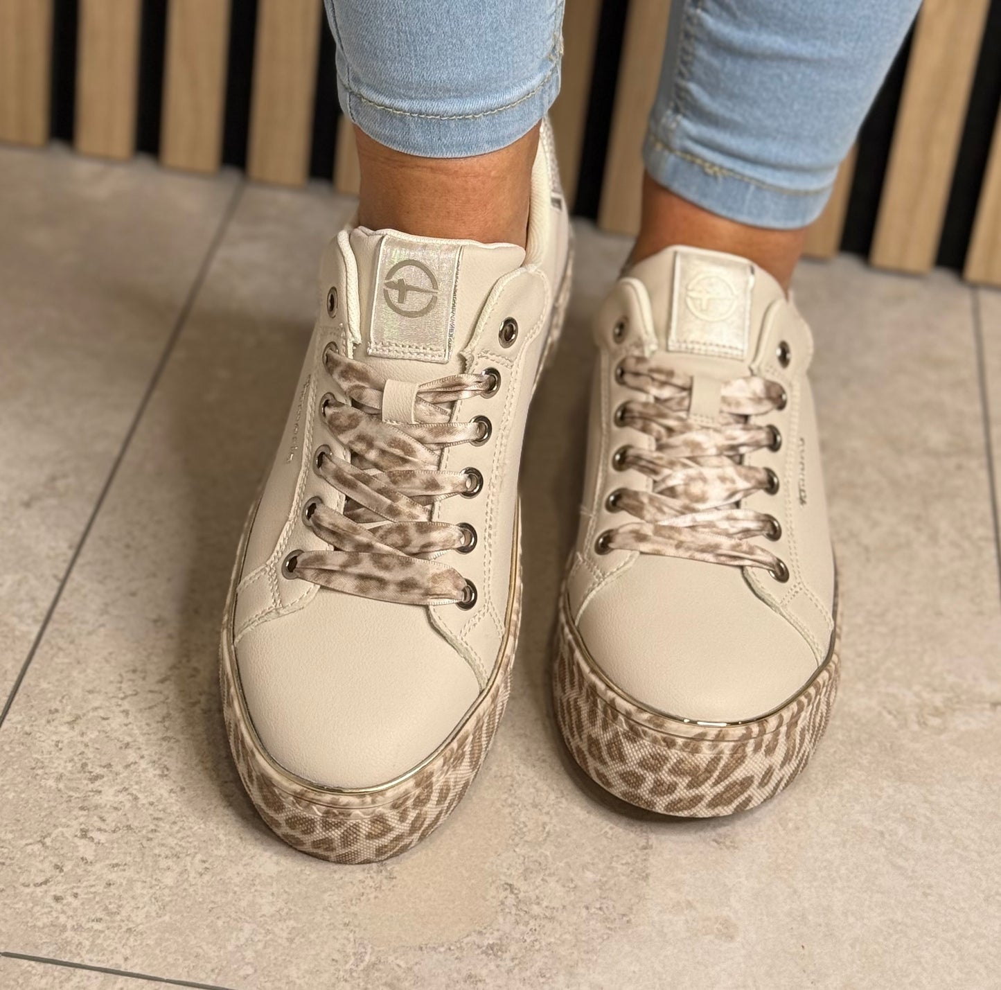 Tamaris - Beige/Animal Print Combo Platform Slip On Trainer