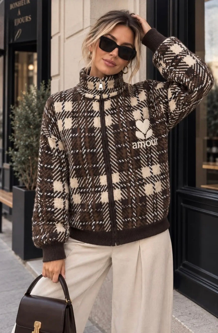 Brown/Beige Checked ‘Amour’ Zip Cardigan