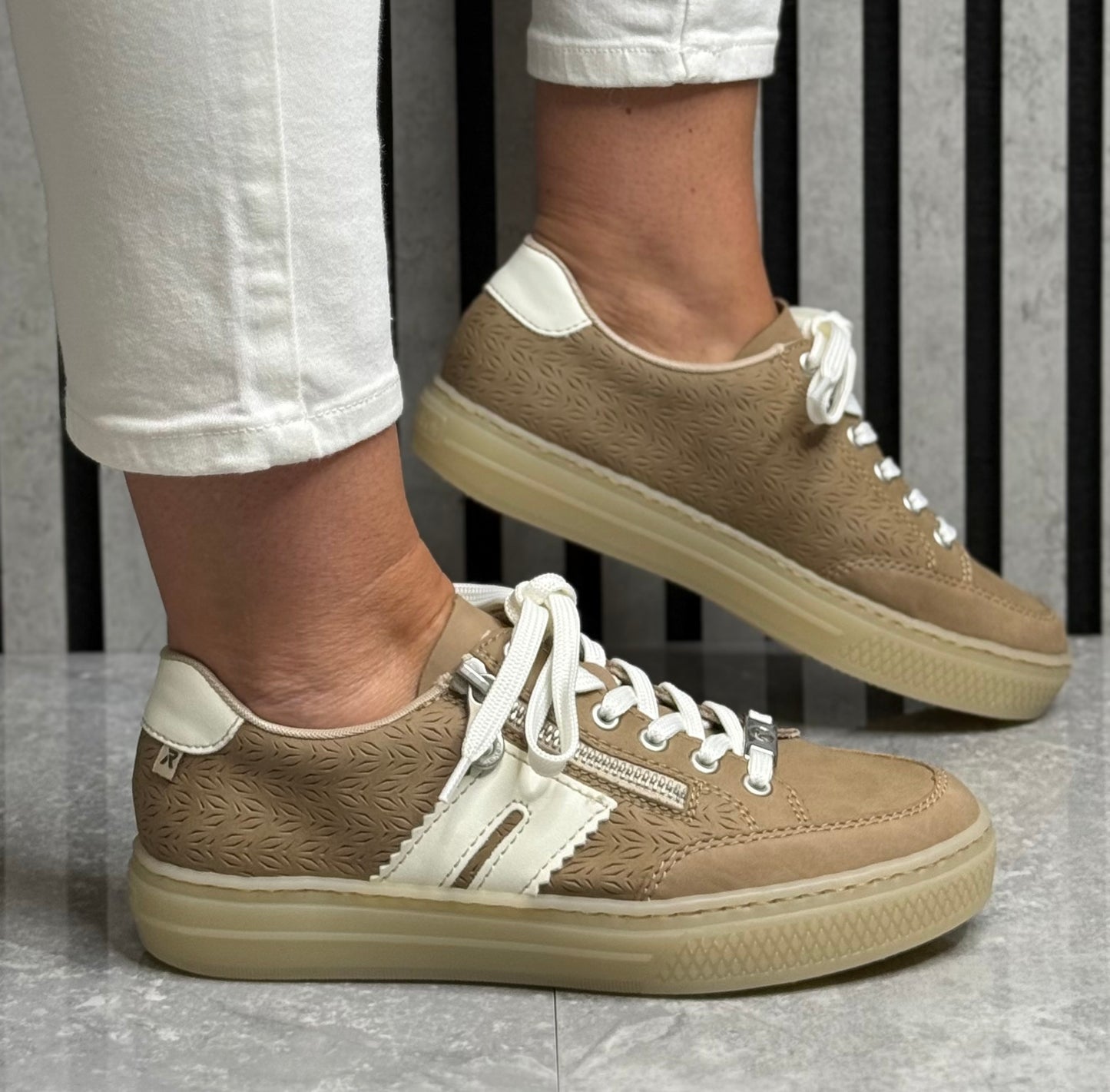 Rieker - Taupe Detailed Gum Sole Leather Trainer