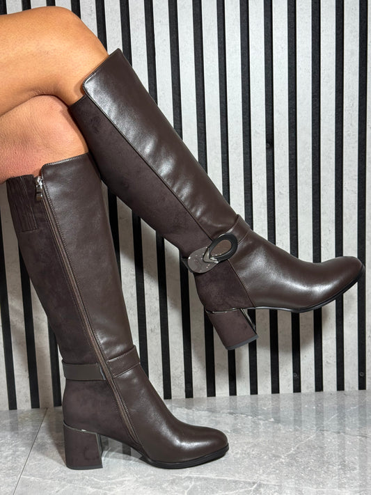 Redz - Brown Mix Block Heel Long Boot