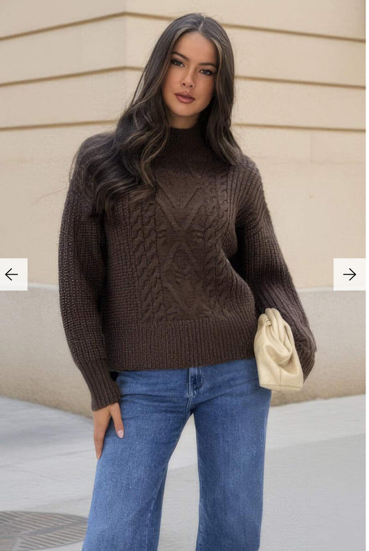 AX Paris - Chocolate Mock Neck Cable Knit Jumper