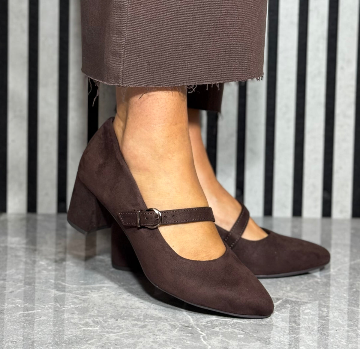 Jana - Brown Strap Block Heel Shoe