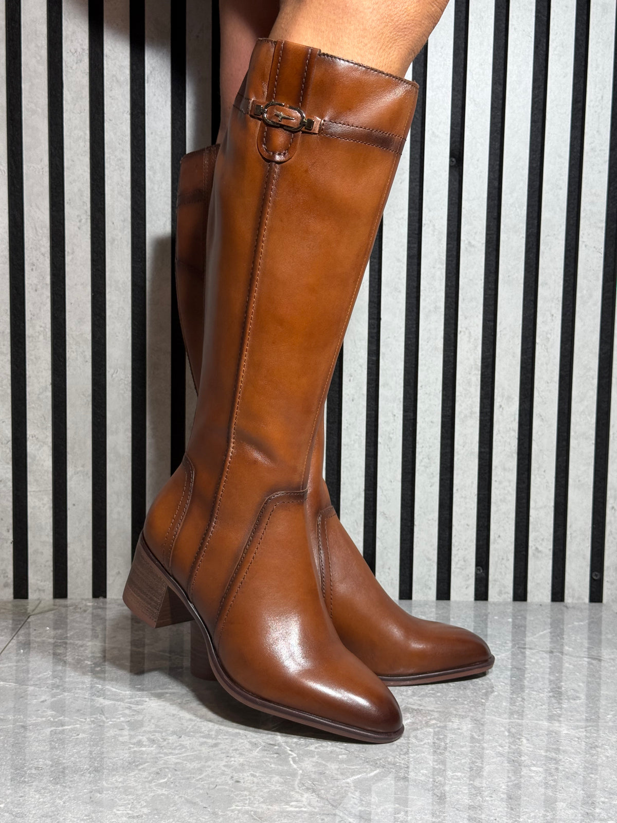 Tamaris - Cognac Block Heel Long Leather Boot