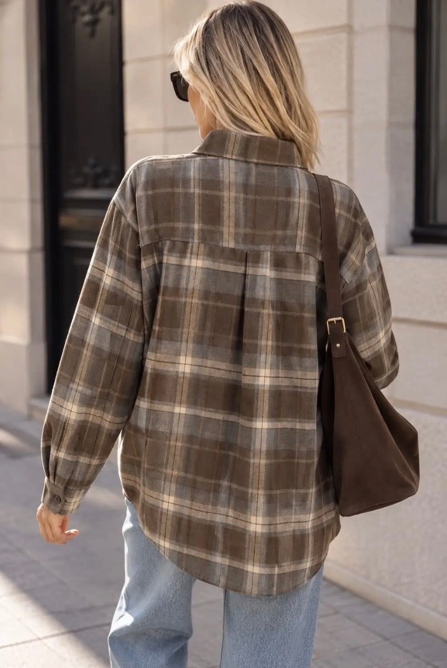 Brown Check Embroidered Detail Oversized Shirt