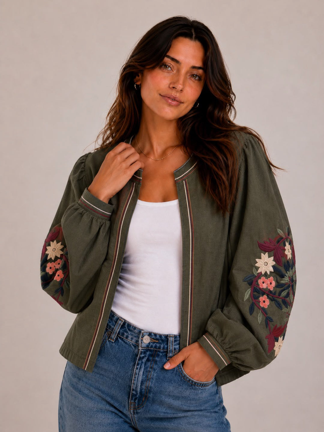 Khaki Edge To Edge Floral Sleeve Jacket.