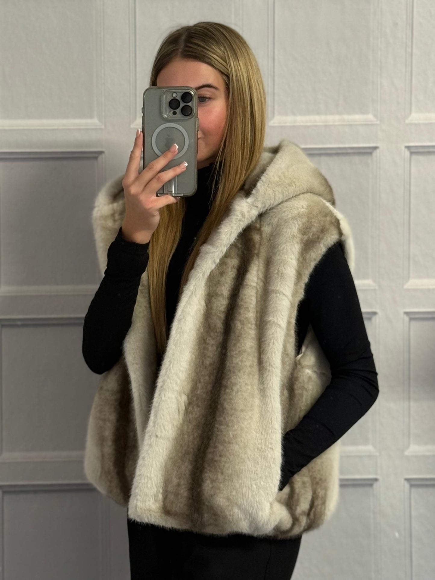 Cream Mix Faux Fur Hooded Gilet.