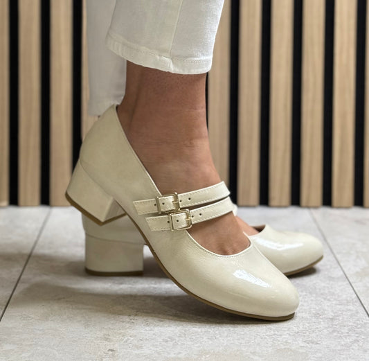 Jana - Ivory Patent Strap Detail Block Heel