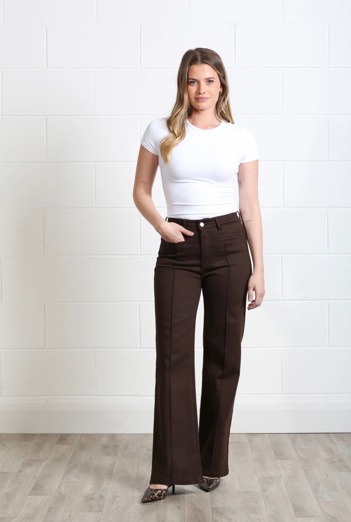 Rant & Rave - Harriet Chocolate Pintuck Wide Leg Jean