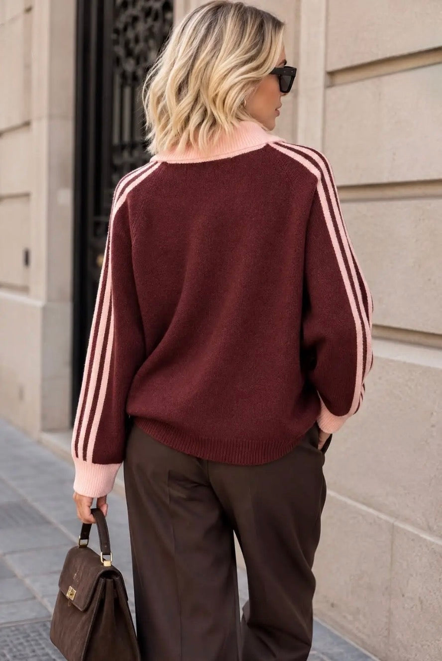 Burgundy Stripe Sleeve Detail Knit