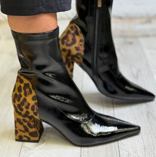 Dancing Matilda - Black Patent Animal Heel Detail Boot