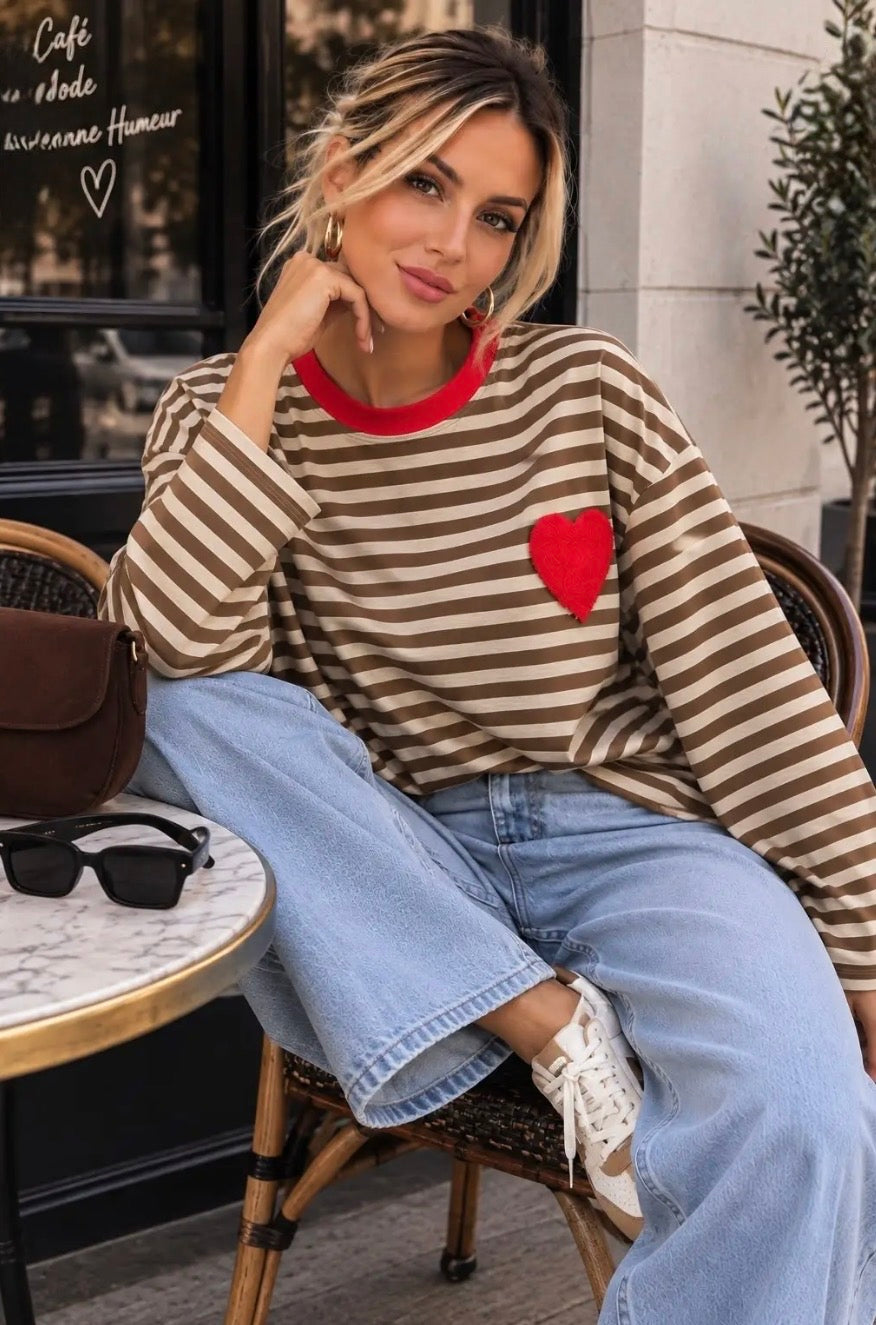 Camel Stripe With Heart Detail L/S Tee