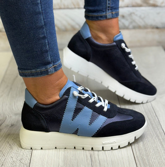 Wonders - A-2476 Navy/Blue Combo Leather Trainer