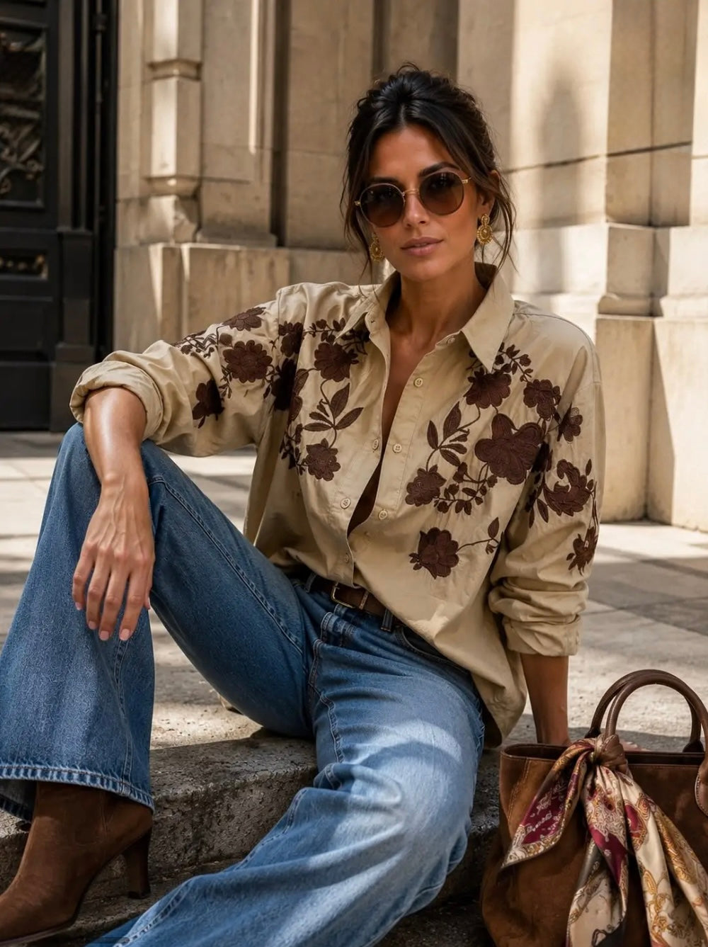 Taupe Oversized Floral Embroidered Shirt