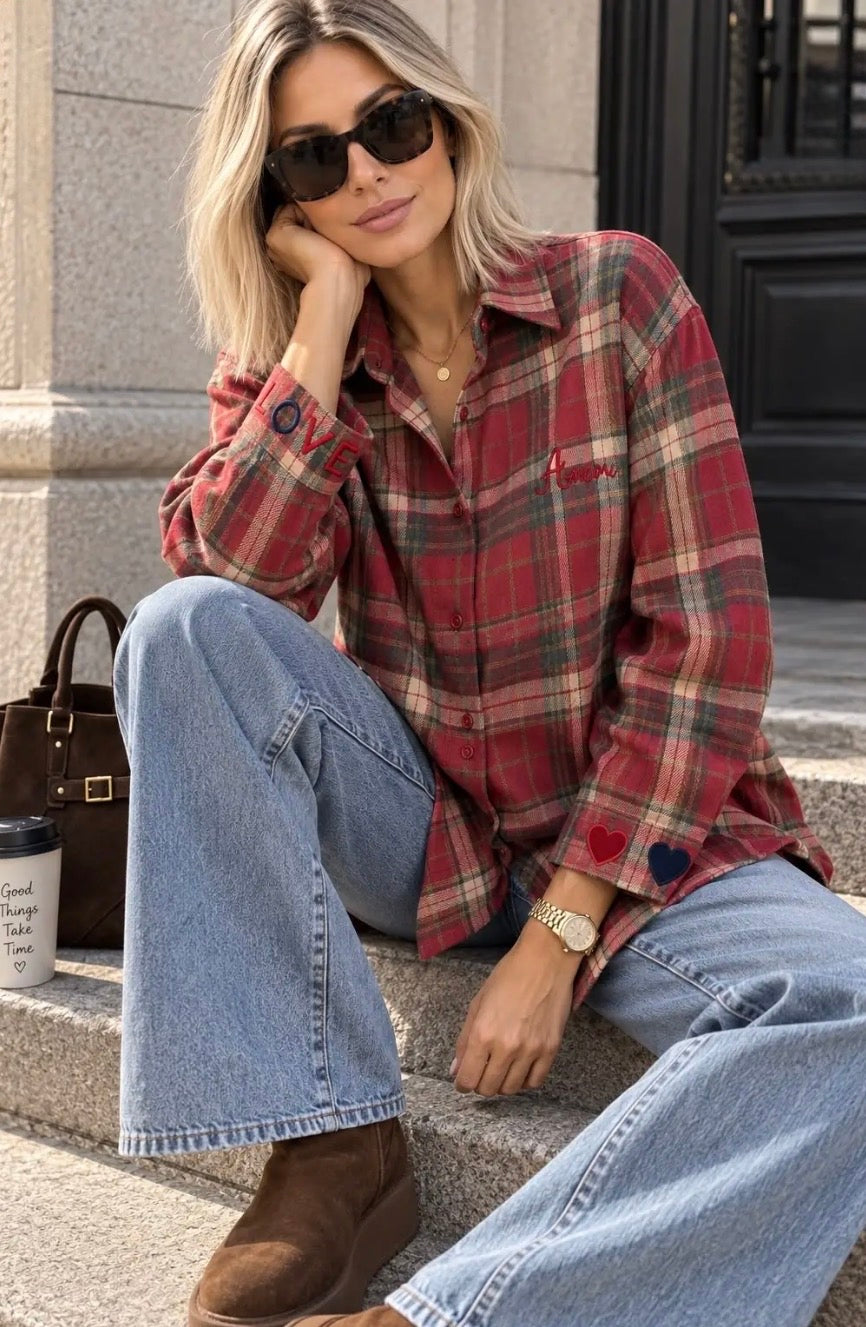 Red Check Embroidered Detail Oversized Shirt