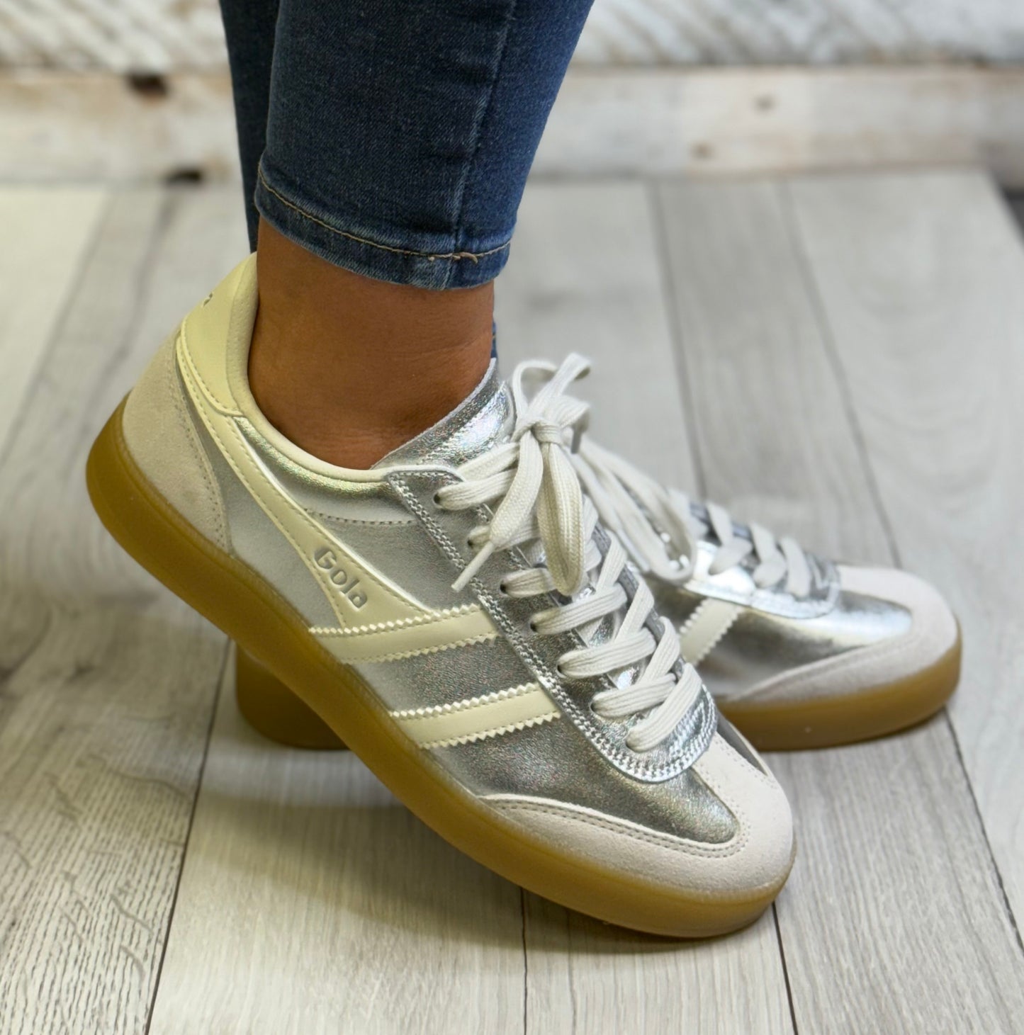 Gola - ‘Viper’ Silver/Off White Gum Sole Leather Trainer