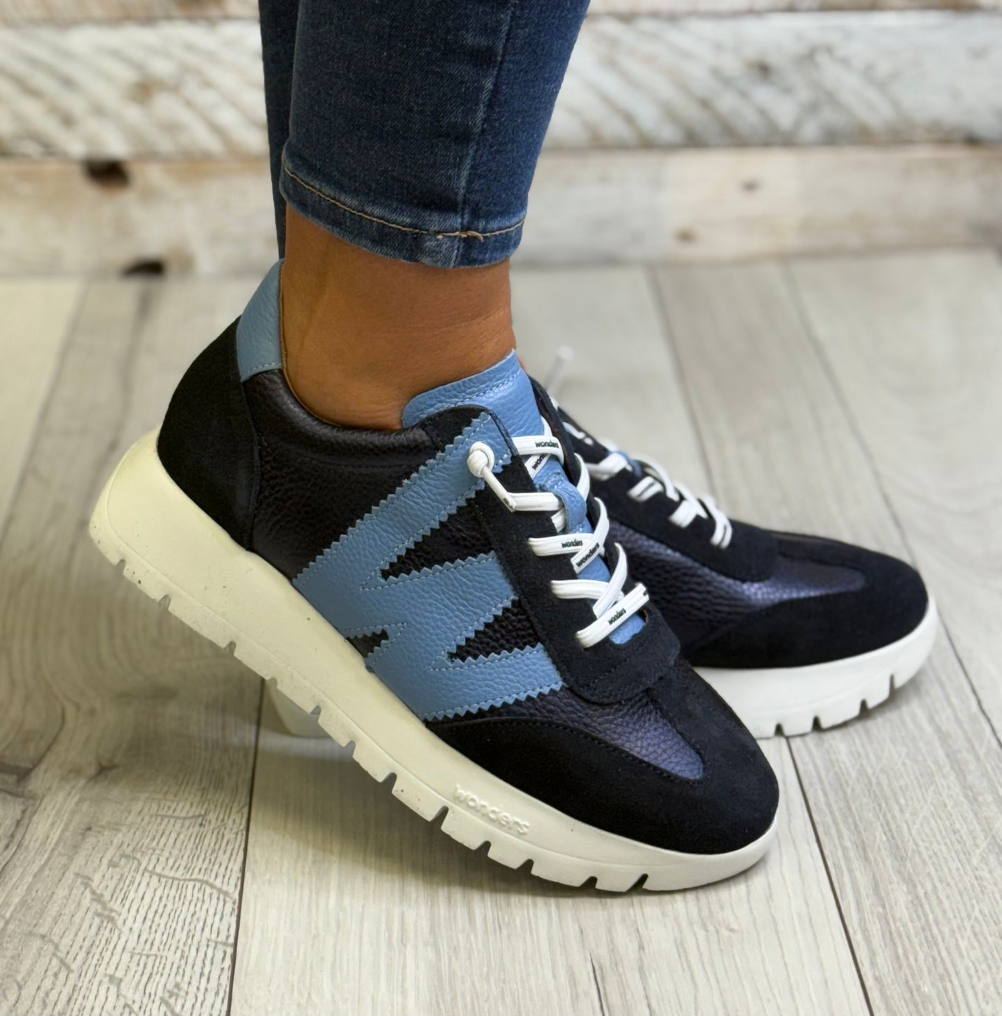 Wonders - A-2476 Navy/Blue Combo Leather Trainer