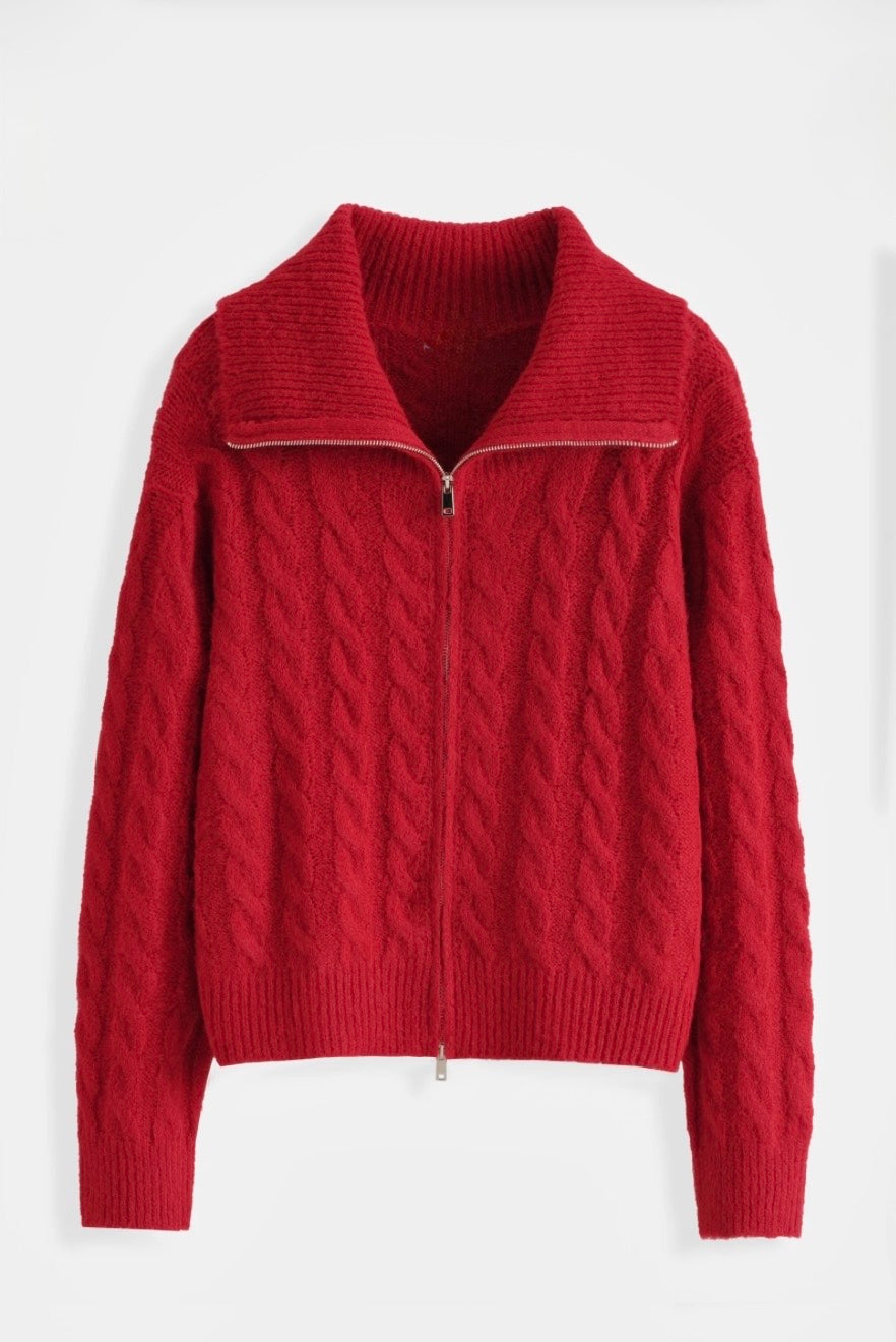 Red Cable Knit Zip Cardigan