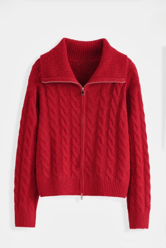 Red Cable Knit Zip Cardigan