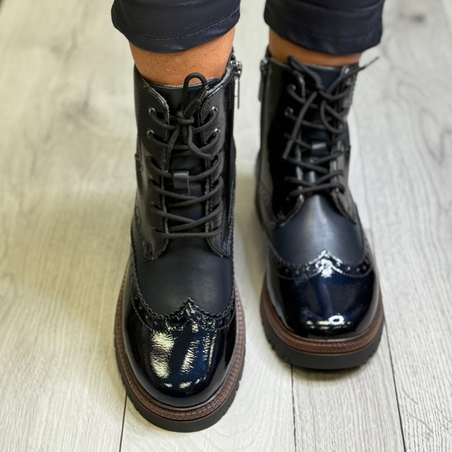 S Oliver - Navy Patent Detail Brogue Boot