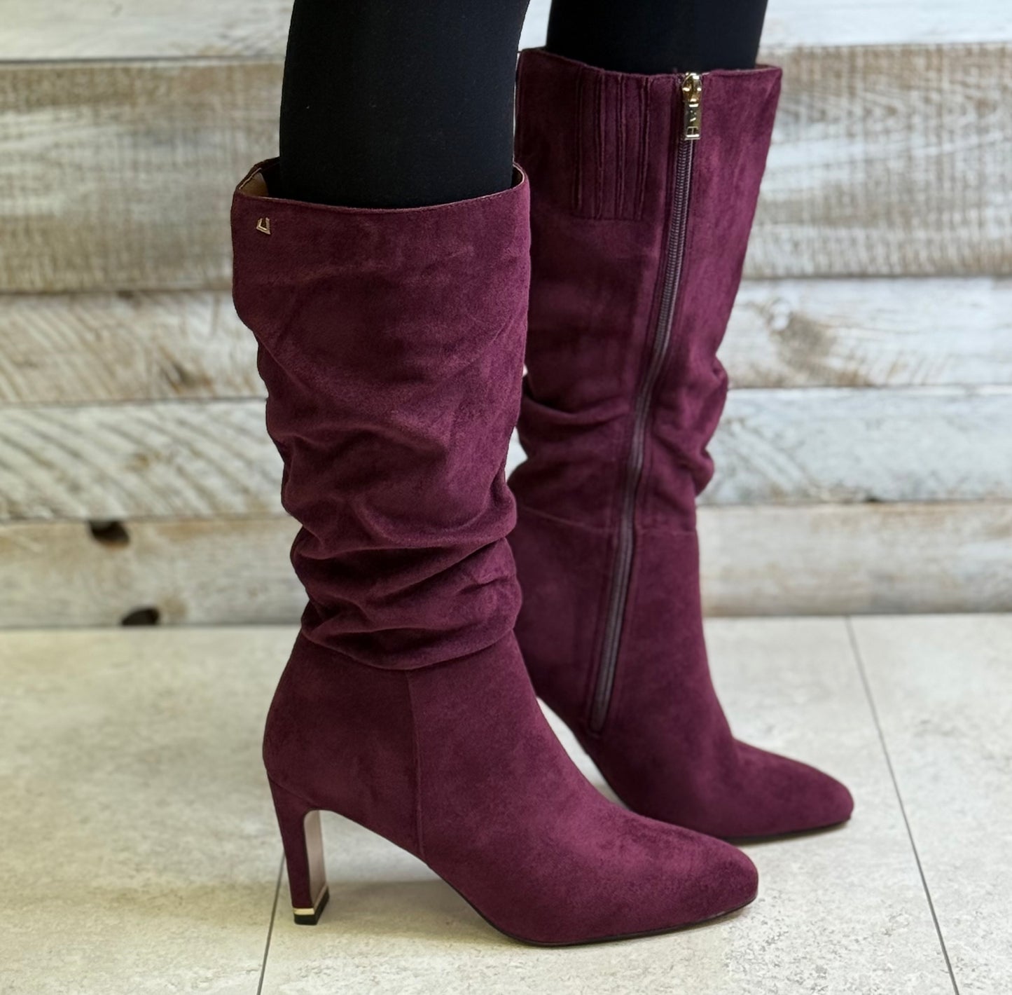 Una Healy - 'Chameleon' Cranberry Ruched Long Boot