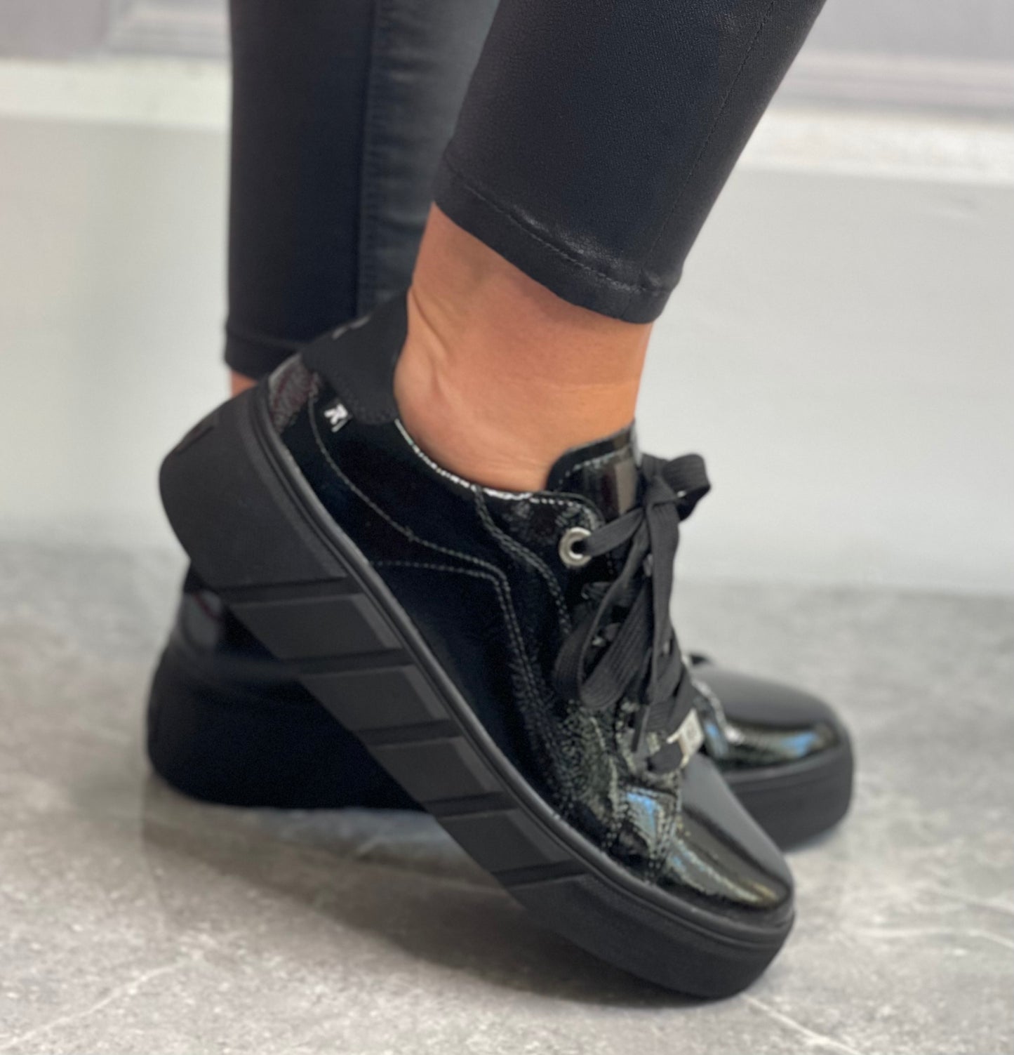 Rieker Revolution - Black Patent Platform Leather Trainer