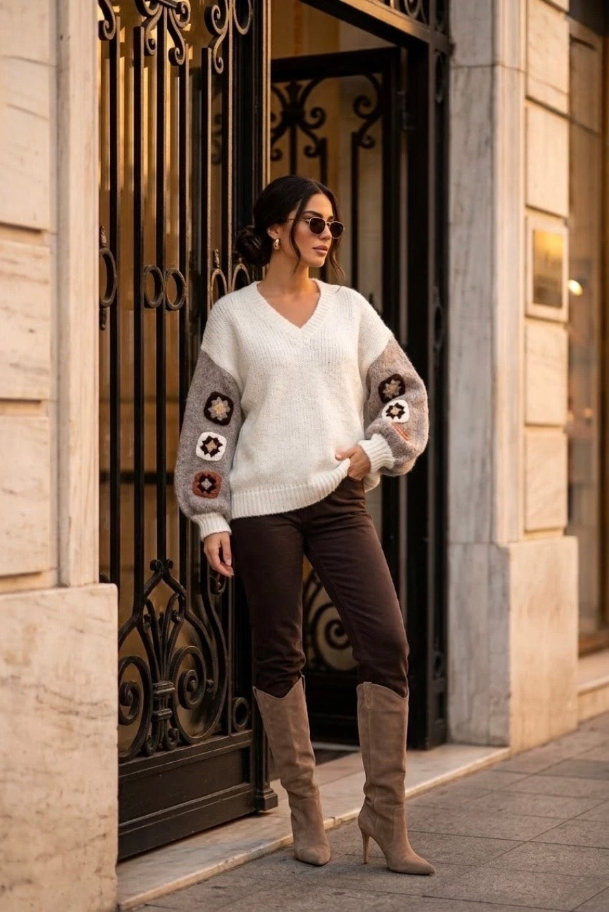 Cream/Beige Embroidered Sleeve Oversized V Neck Knit