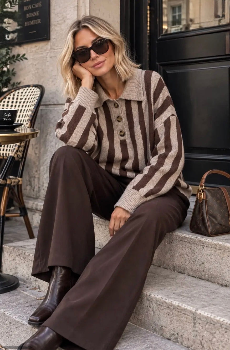 Taupe/Brown Striped Polo Knit