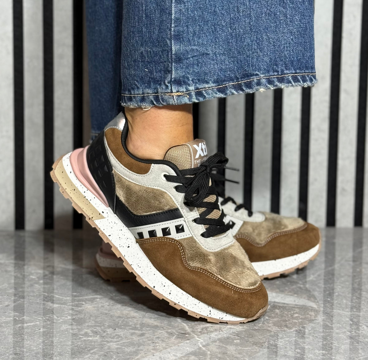 Xti - Brown/Beige Teddy Fur Trim Trainer (146110)