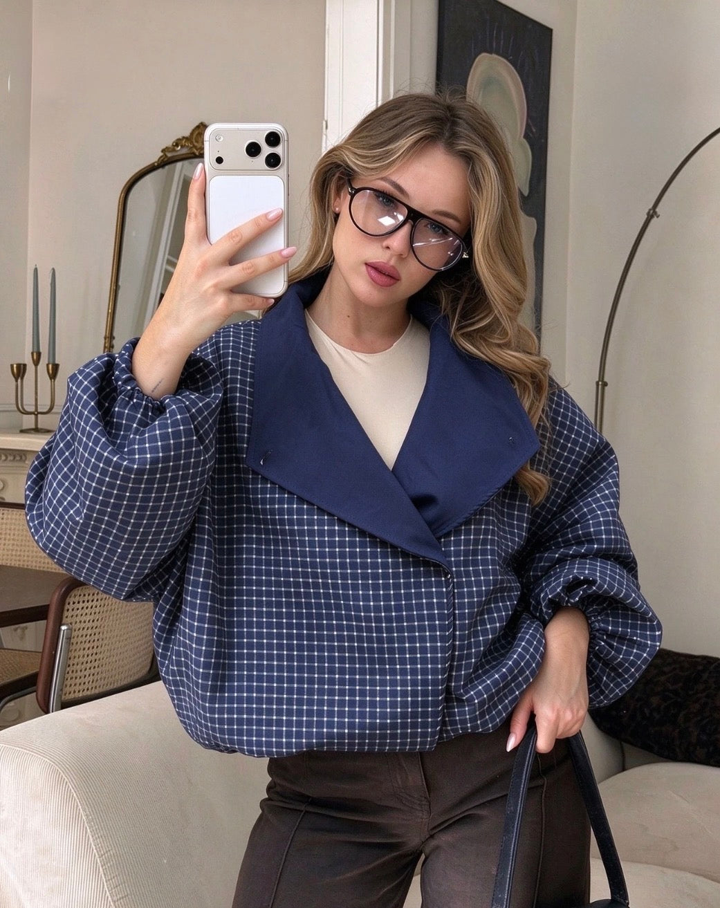Navy Checked Adjustable Collar Jacket