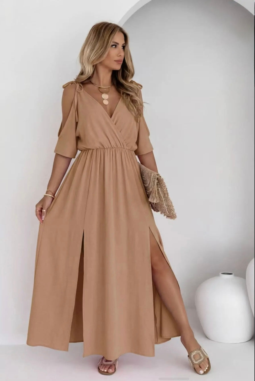 Biscuit Long V Neck Off Shoulder Dress