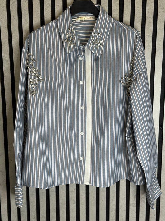 Denim Pinstripe Embellished Shirt