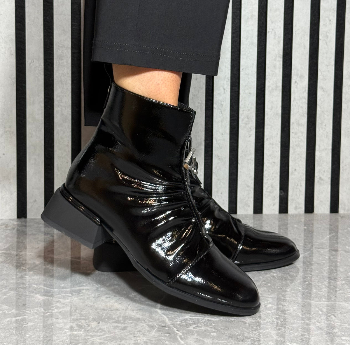Lotus - 'Tarni' Black Patent Ruched Boot