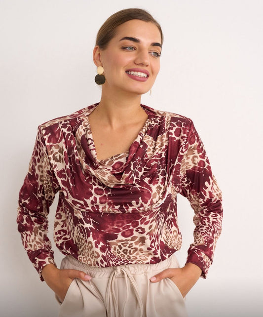 Burgundy Print Cowl Neck Top