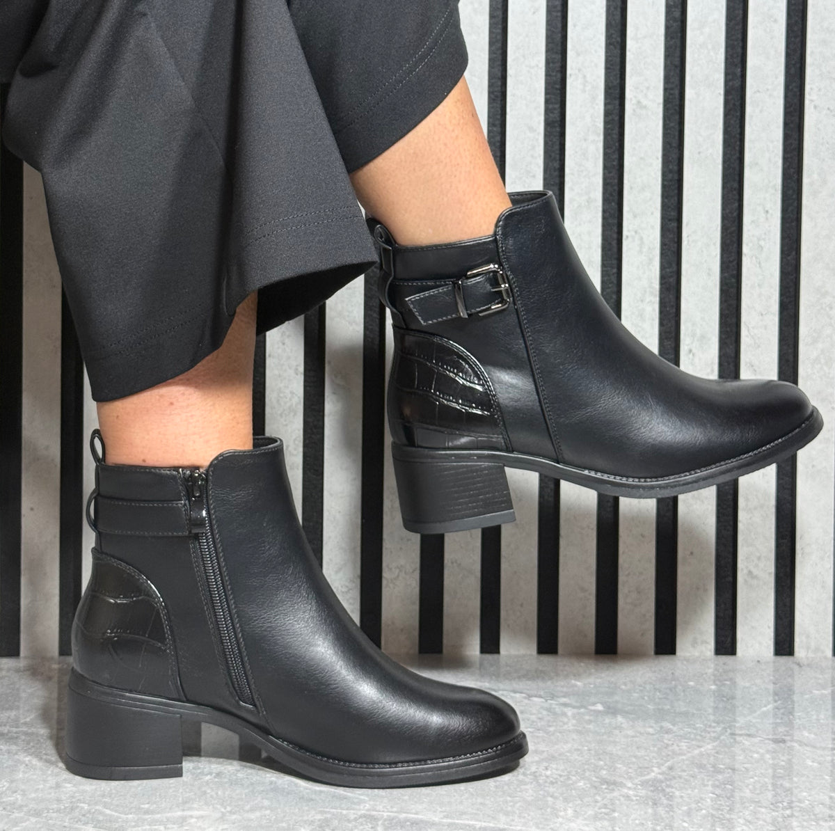Redz -Black Croc Detail Heel Ankle Boot