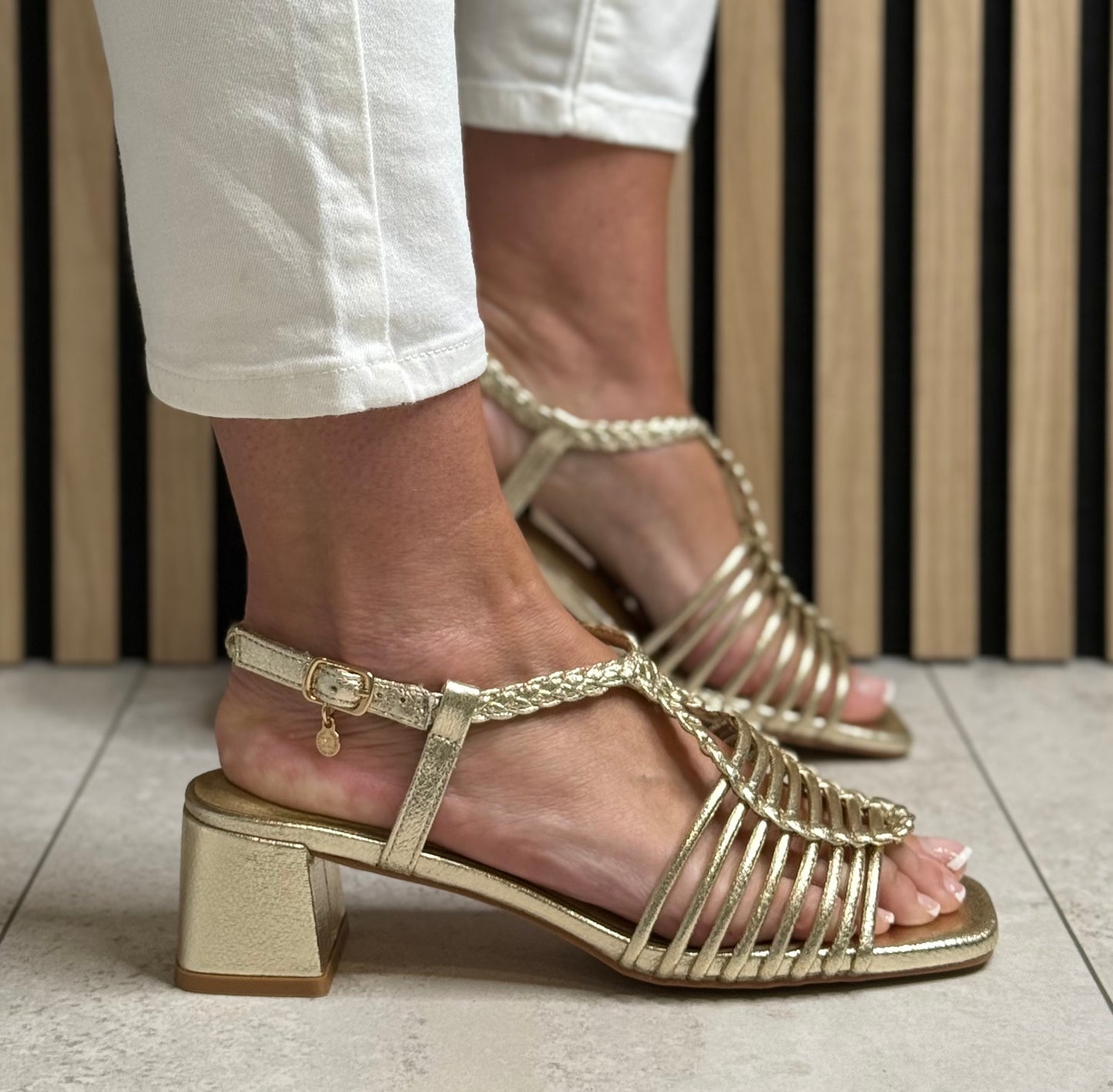 Xti - Gold Metallic Block Heel Strap Sandal (145433)