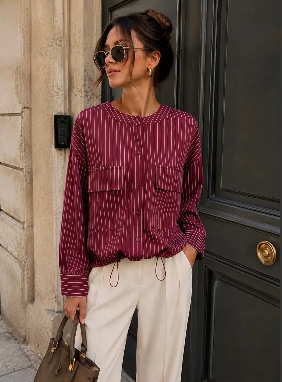 Wine Striped Shirt With Drawstring