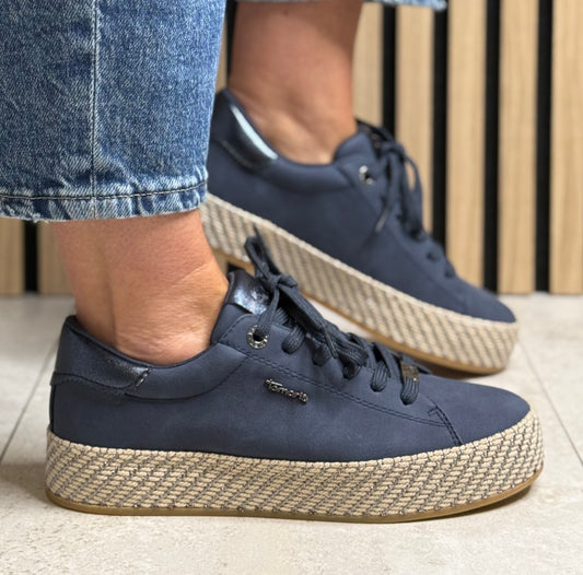 Tamaris - Navy Woven Sole Platform Trainer