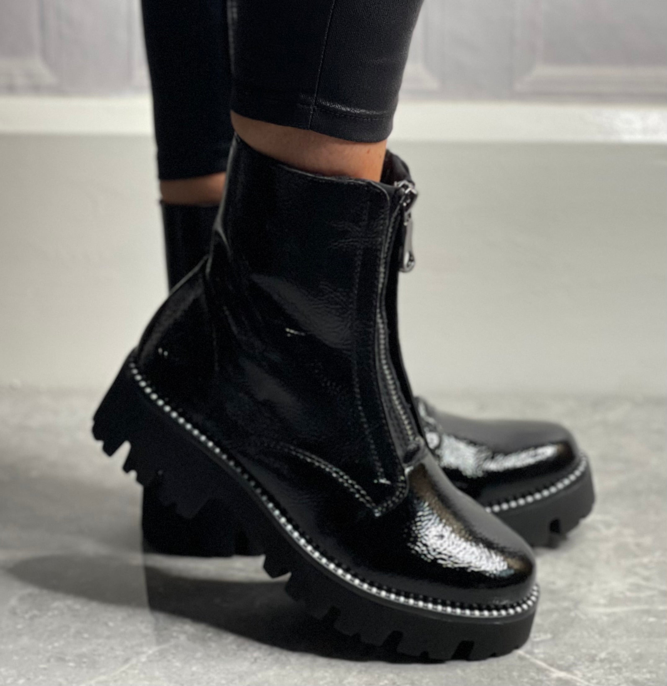 Rieker Black Patent Front Zip Boot hannahkfootwear