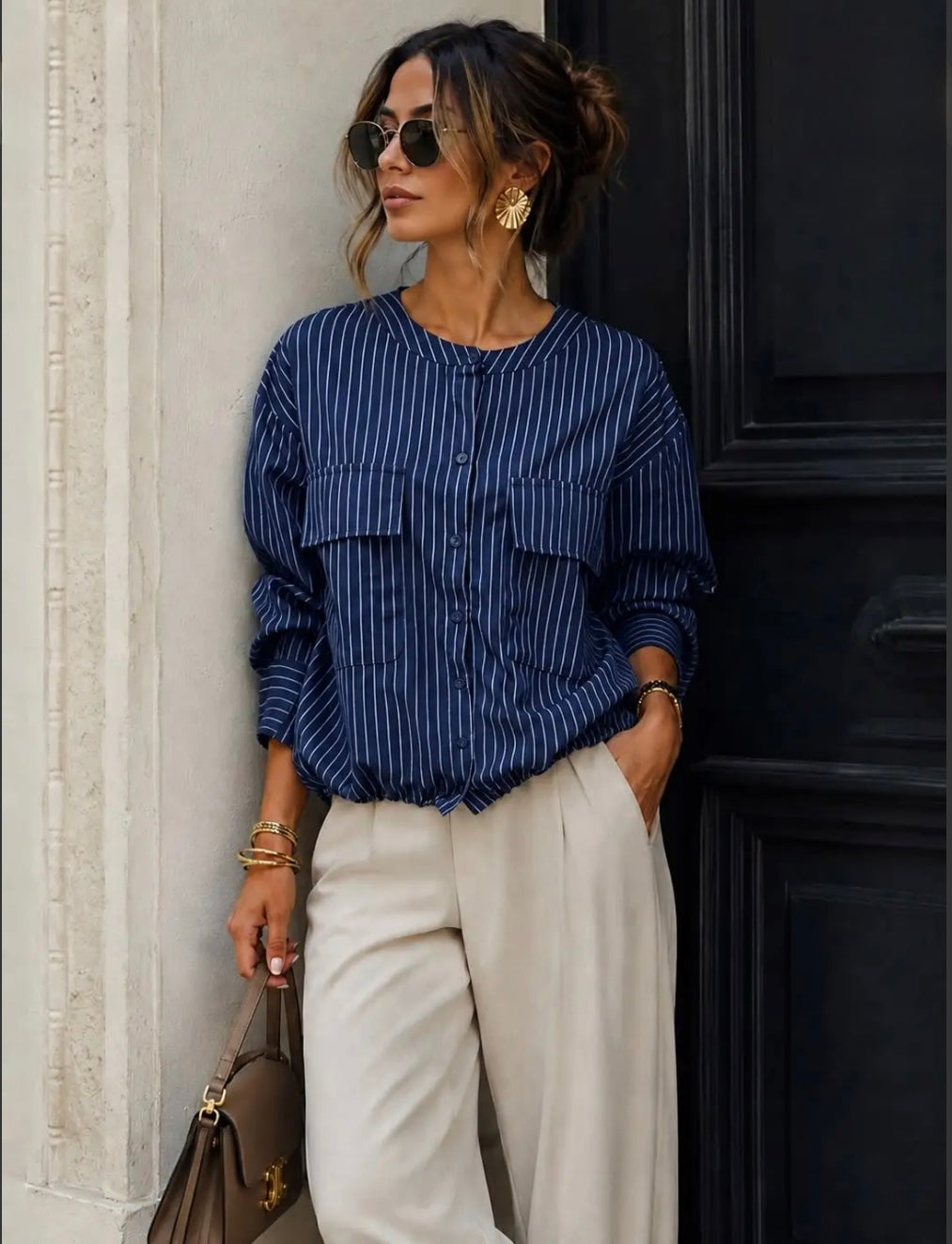 Navy Striped Shirt With Drawstring.