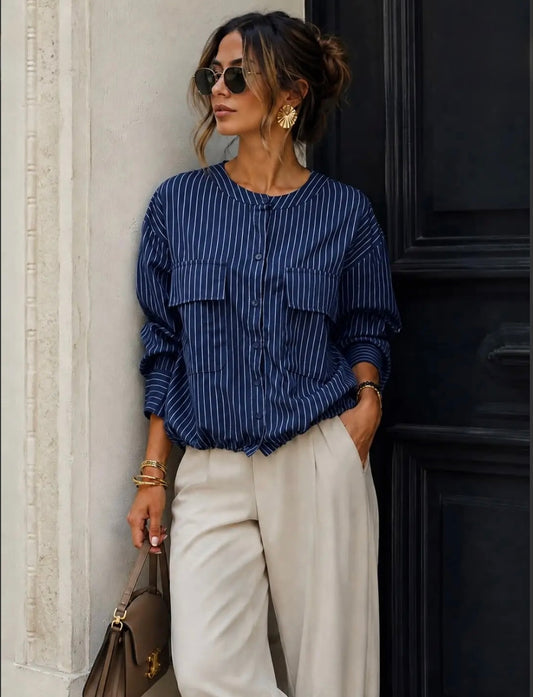 Navy Striped Shirt With Drawstring.