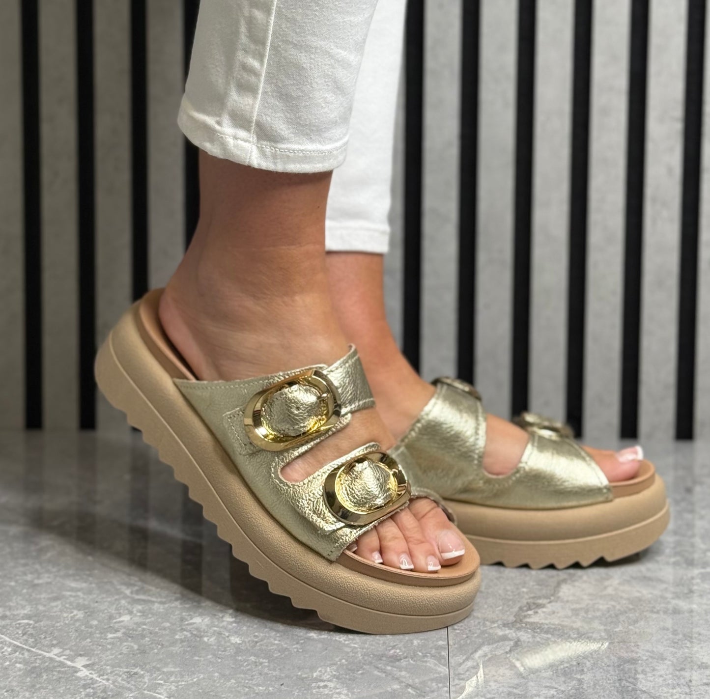 Pegada - Gold Buckle Leather Sandal