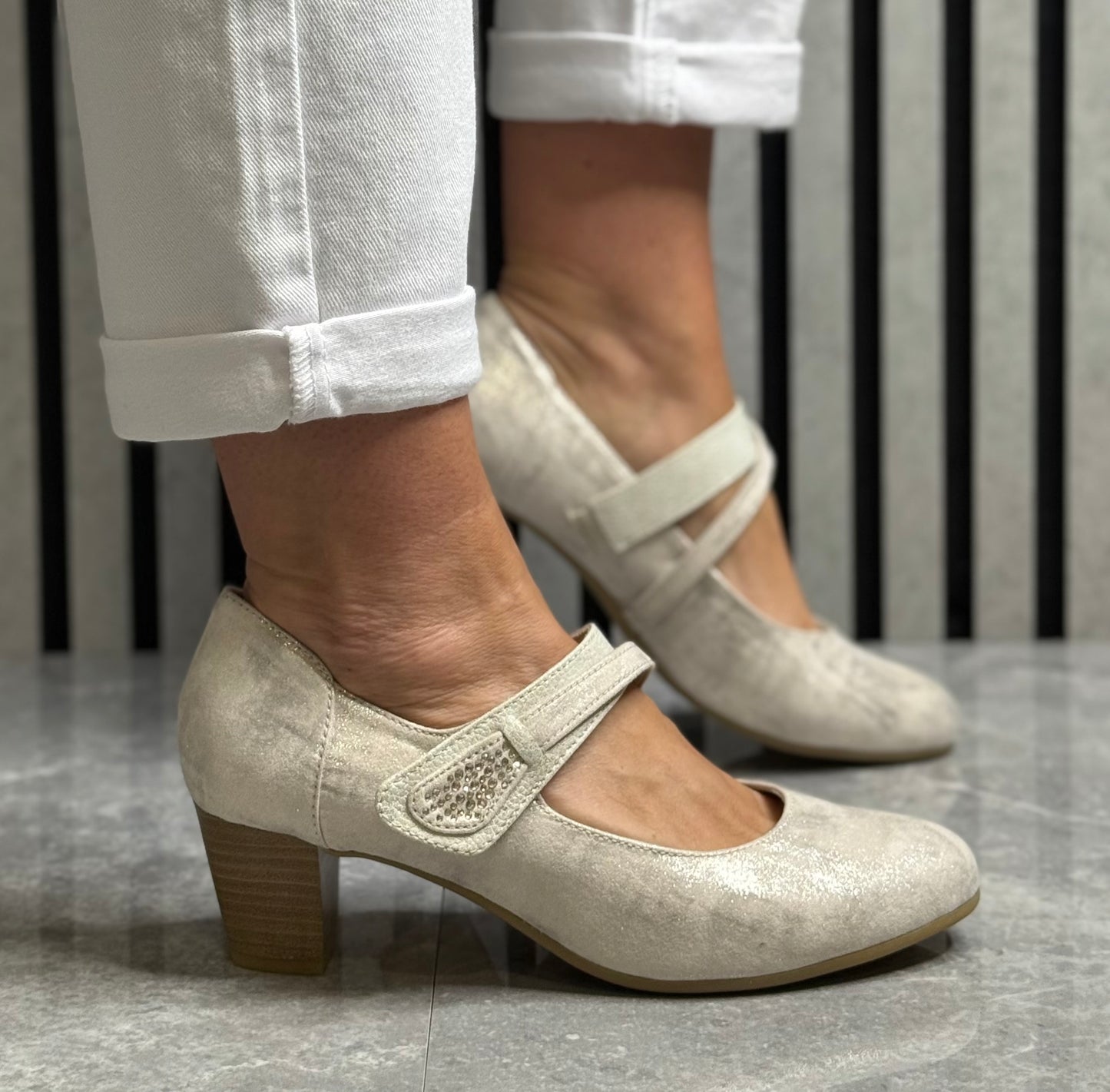 Jana - Beige/Gold Metallic Strap Shoe