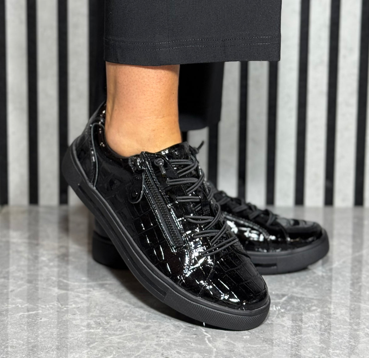 Jana - Black Croc Patent Trainer
